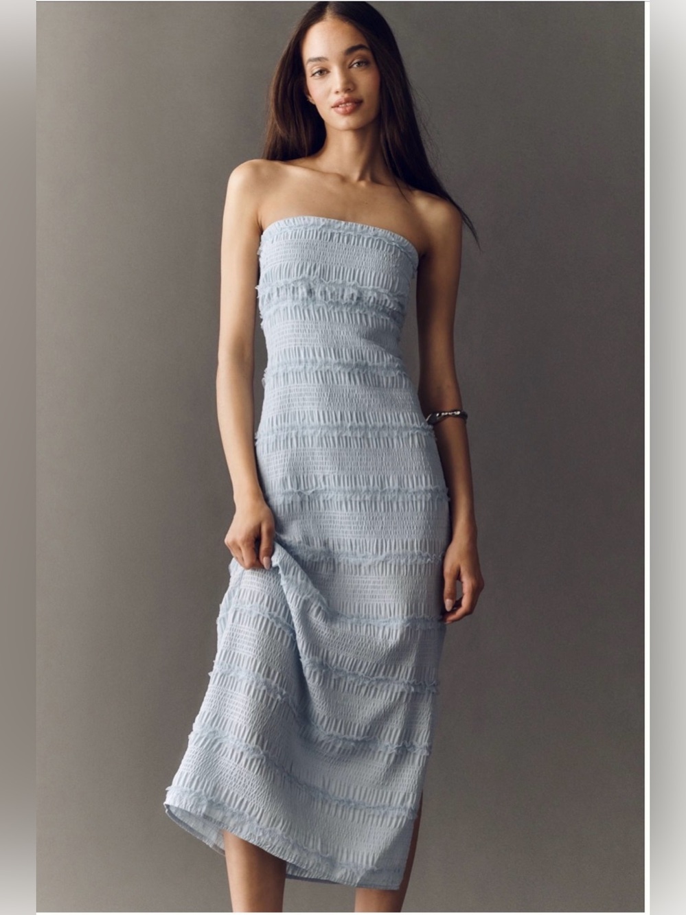 Anthropologie Strapless Smocked Midi Dress in Dusty Blue NWT